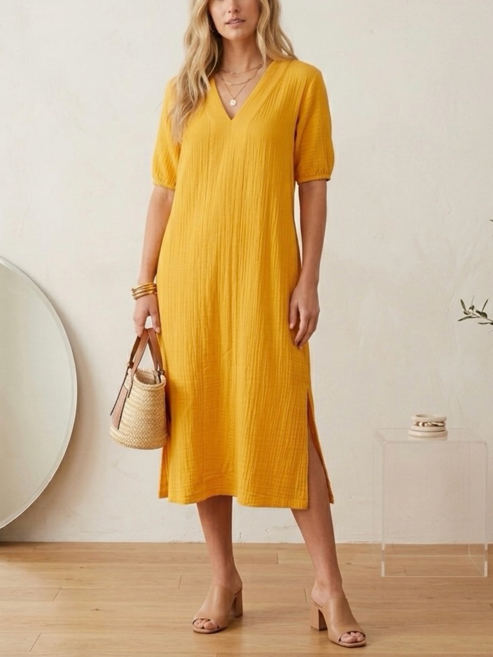 LAKE Golden Yellow 100% Cotton Gauze Caftan Midi Dress sz XS